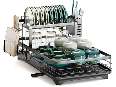Kitchen Dish Drying Rack With Plates Glasses Bowls Knives And Cutting Board 3d model