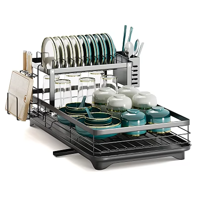 Kitchen Dish Drying Rack With Plates Glasses Bowls Knives And Cutting Board 3d model
