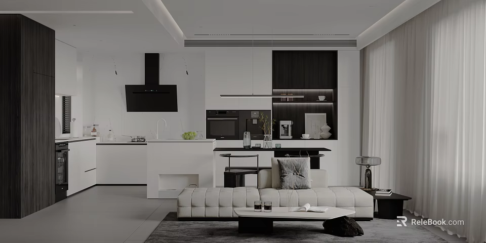 Modern Open Concept Dining and Living Room Interior With Sofa Coffee Table And Kitchen Cabinets 3d model