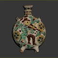Sculptural Ceramic Vase With Colorful Carved Floral Motifs And Decorative Figure On Tripod Base