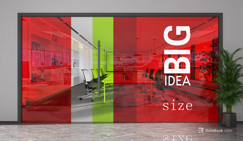 Modern Office Glass Partition with Red Green White Panels in Contemporary Workspace Interior 3d model 