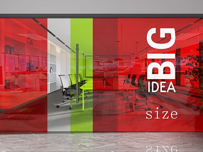 Modern Office Glass Partition with Red Green White Panels in Contemporary Workspace Interior 3d model