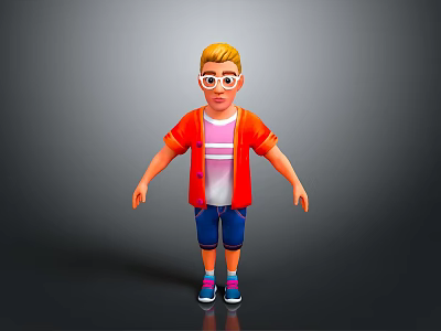 3D Cartoon Style Game Movie Character With Blonde Hair Glasses Orange Jacket And Casual Outfit 3d model