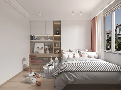 Modern Kids Room Interior With Striped Bed Pillows Desk Bookshelf Pink Curtains And Toys 3d model