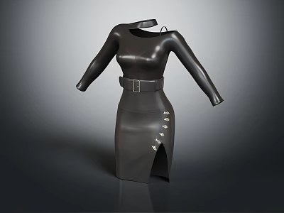Black Leather Long Sleeve Dress With Belted Waist Side Slit And Button Details 3d model