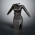 Black Leather Long Sleeve Dress With Belted Waist Side Slit And Button Details
