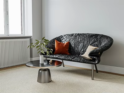 Modern Black Embossed Leather Sofa With Orange Beige Pillows Green Plant And Round Coffee Table 3d model