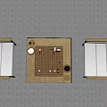 Brown Entertainment Table with Go Board Pieces and Two White Chairs 3d model