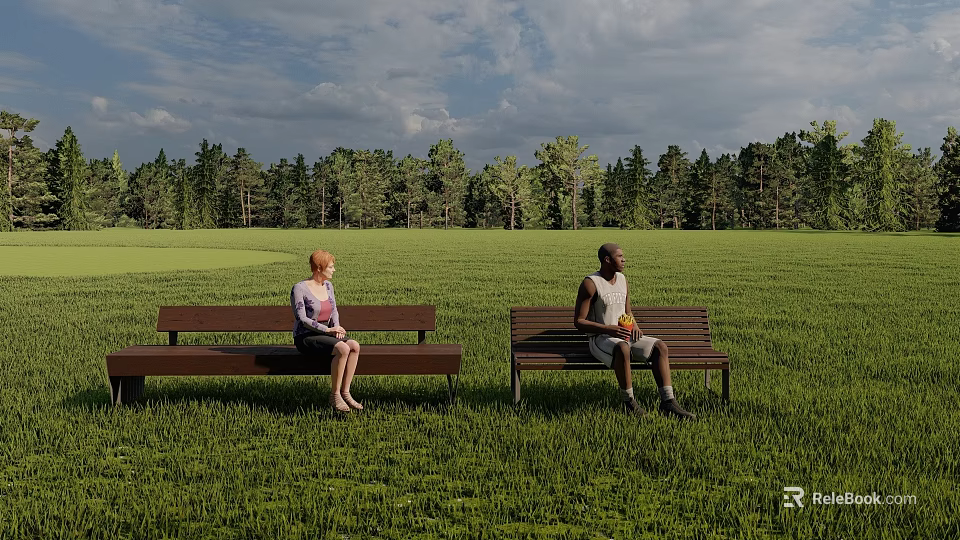 Comfortable Landscape Seats In Lush Green Field With Forest And Cloudy Sky 3d model 
