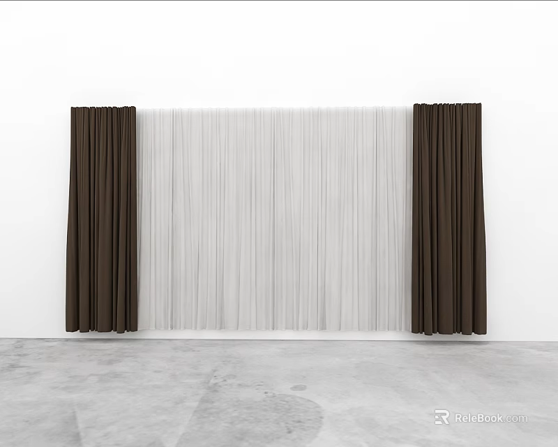 Stylish Bed Background Wall with White Vertical Lines and Dark Brown Curtains 3d model