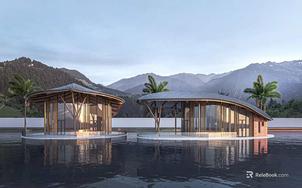Scenic Waterfront Pavilions With Curved Roofs Wooden Structures And Mountain Reflections 3d model 