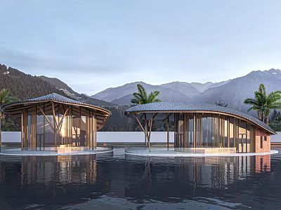 Scenic Waterfront Pavilions With Curved Roofs Wooden Structures And Mountain Reflections 3d model