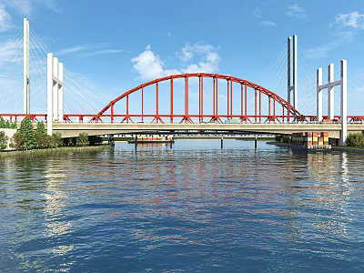 Red Arch Bridge With White Towers Spanning Calm Water Under Blue Sky And Clouds 3d model