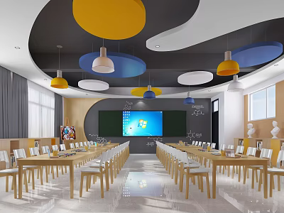 School Classroom Interior With Colorful Lights And Long Tables 3d model