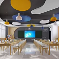 School Classroom Interior With Colorful Lights And Long Tables 3d model