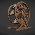 Wooden Wheel Shaped Bookcase With Gear Mechanism Holding Books On Rotating Frame And Stand Base