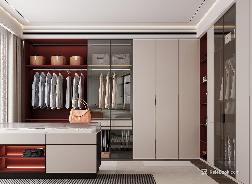 Modern Wardrobe Interior With Glass Doors Clothing Hanging Area And Storage Boxes 3d model 