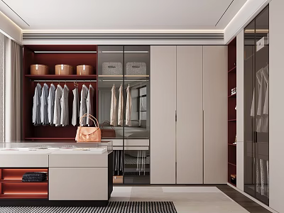 Modern Wardrobe Interior With Glass Doors Clothing Hanging Area And Storage Boxes 3d model