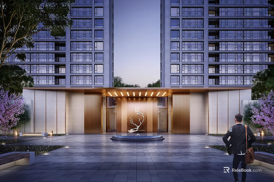Modern High Rise Residential Building Entrance With Sleek Facade And Porch Lighting Design 3d model 