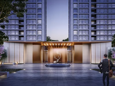 Modern High Rise Residential Building Entrance With Sleek Facade And Porch Lighting Design 3d model