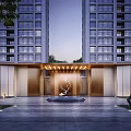 Modern High Rise Residential Building Entrance With Sleek Facade And Porch Lighting Design