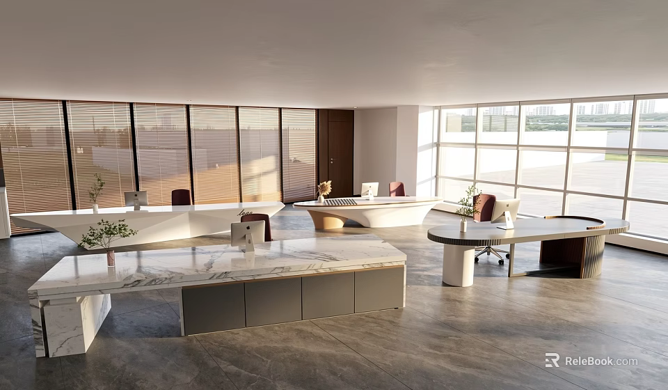 Modern Front Desk Reception Area With Marble Counter And Large Windows 3d model 