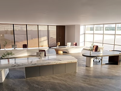 Modern Front Desk Reception Area With Marble Counter And Large Windows 3d model