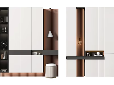 Modern Minimalist Shoe Cabinet Design With White Doors Wooden Stripes Open Shelves And Storage Stool 3d model