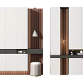 Modern Minimalist Shoe Cabinet Design With White Doors Wooden Stripes Open Shelves And Storage Stool