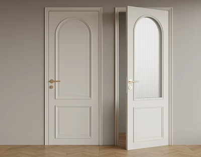 White Swing Doors With Gold Handles Arched Glass Panel Light Gray Wall And Wooden Floor 3d model