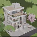 Modern Detached Villa Exterior With Large Windows Balcony Greenery Lawn And Outdoor Seating