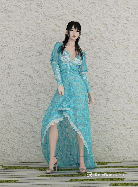Woman in Blue Long Dress With Long Sleeves V Neck Lace Asymmetrical Hem Light Wall 3d model 
