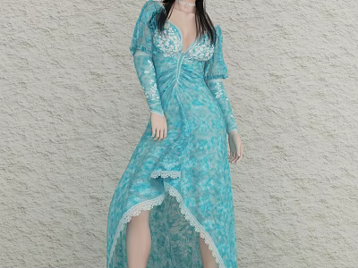 Woman in Blue Long Dress With Long Sleeves V Neck Lace Asymmetrical Hem Light Wall 3d model