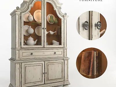 Vintage White Storage Cabinet With Glass Doors And Dish Storage Drawers 3d model