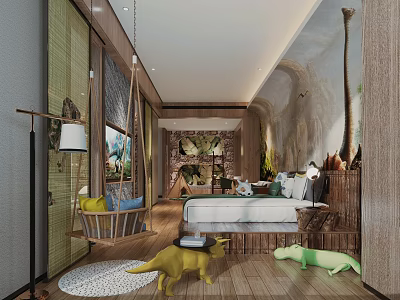 Natural Theme Hotel Guest Room With Wooden Decor Green Plants Swing Chair And Animal Toys 3d model