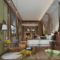 Natural Theme Hotel Guest Room With Wooden Decor Green Plants Swing Chair And Animal Toys