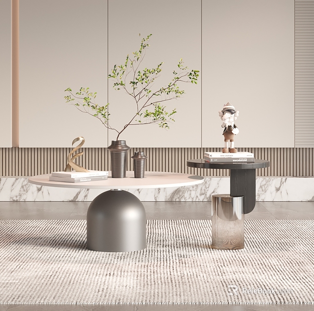 Modern Coffee Table With Round Top Metal Base And Green Plant Decor On Marble Floor 3d model 
