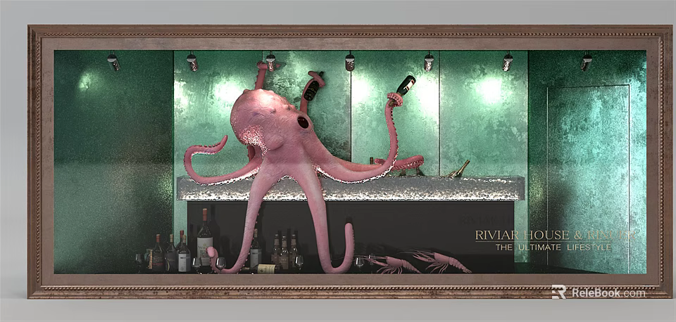 Shop Window Display Featuring Pink Octopus Holding Wine Bottles Against Green Background With Illuminated Lights 3d model 