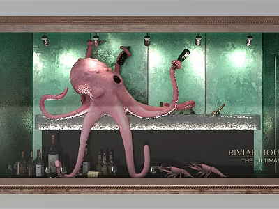 Shop Window Display Featuring Pink Octopus Holding Wine Bottles Against Green Background With Illuminated Lights 3d model
