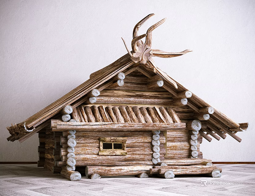 Wooden Log Cabin Model With Decorative Roof Small Window And Log Walls 3d model 
