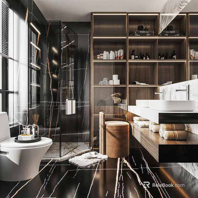 Modern Bathroom Interior Featuring Glass Shower Wooden Storage Cabinets Marble Countertop Double Sinks And Towels 3d model 