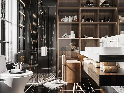 Modern Bathroom Interior Featuring Glass Shower Wooden Storage Cabinets Marble Countertop Double Sinks And Towels 3d model