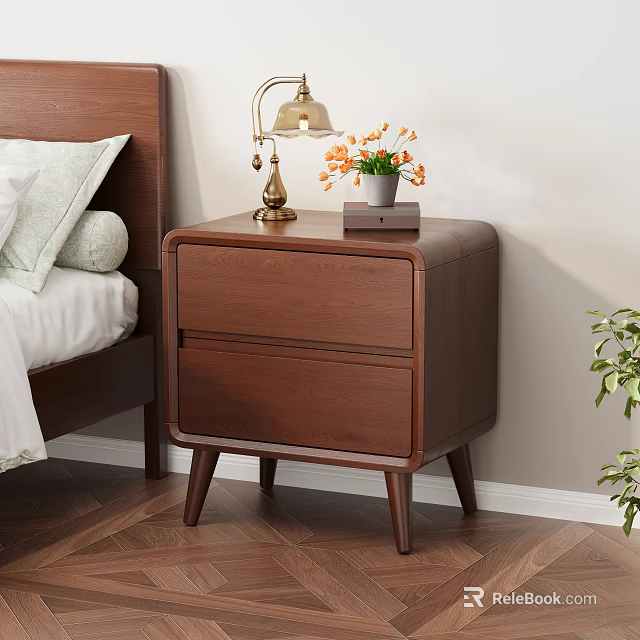 Wooden Nightstand With Two Drawers Brass Lamp Orange Flowers And Book In Bedroom 3d model 