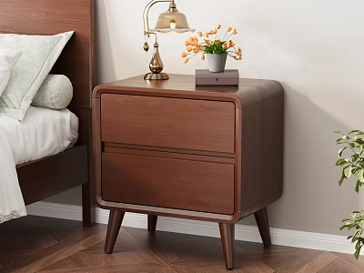 Wooden Nightstand With Two Drawers Brass Lamp Orange Flowers And Book In Bedroom 3d model
