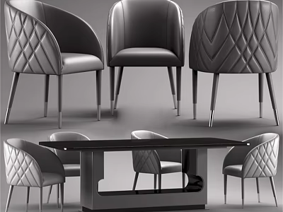 Modern Dining Table Set With Diamond Stitched Leather Chairs And Black Tabletop 3d model