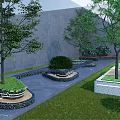 White Concrete Tree Planters With Green Trees And Black Perforated Walkway