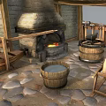 Cartoon Medieval Hut With Wooden Beams Stone Walls Lit Windows And Shield Banner