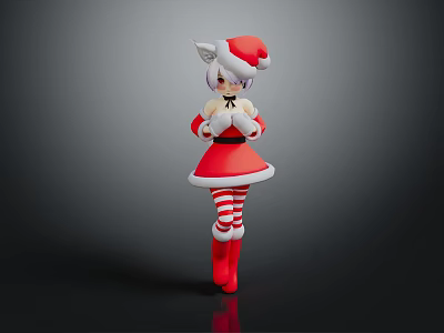 Game Anime Character In Red Christmas Costume With Cat Ears White Trim And Striped Stockings 3d model