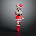 Game Anime Character In Red Christmas Costume With Cat Ears White Trim And Striped Stockings