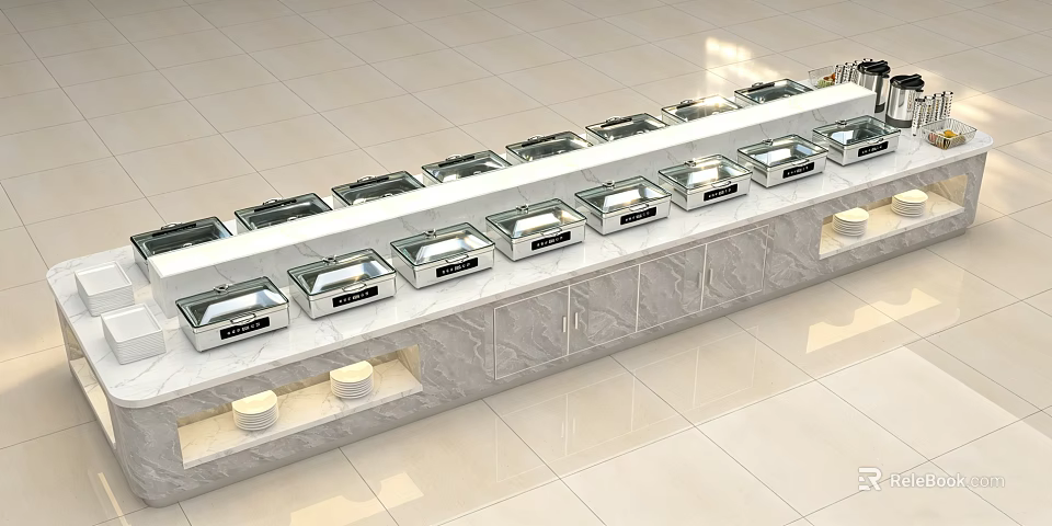 Cafeteria Buffet Setup with Long Counter Stainless Steel Food Containers and Tiled Floor 3d model 